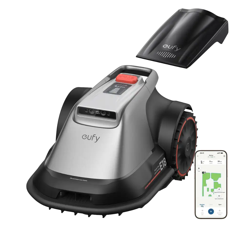 Eufy E18 robotic lawn mower with silver and black body, red accent trim, shown with black charging dock and smartphone app interface displaying lawn map and controls