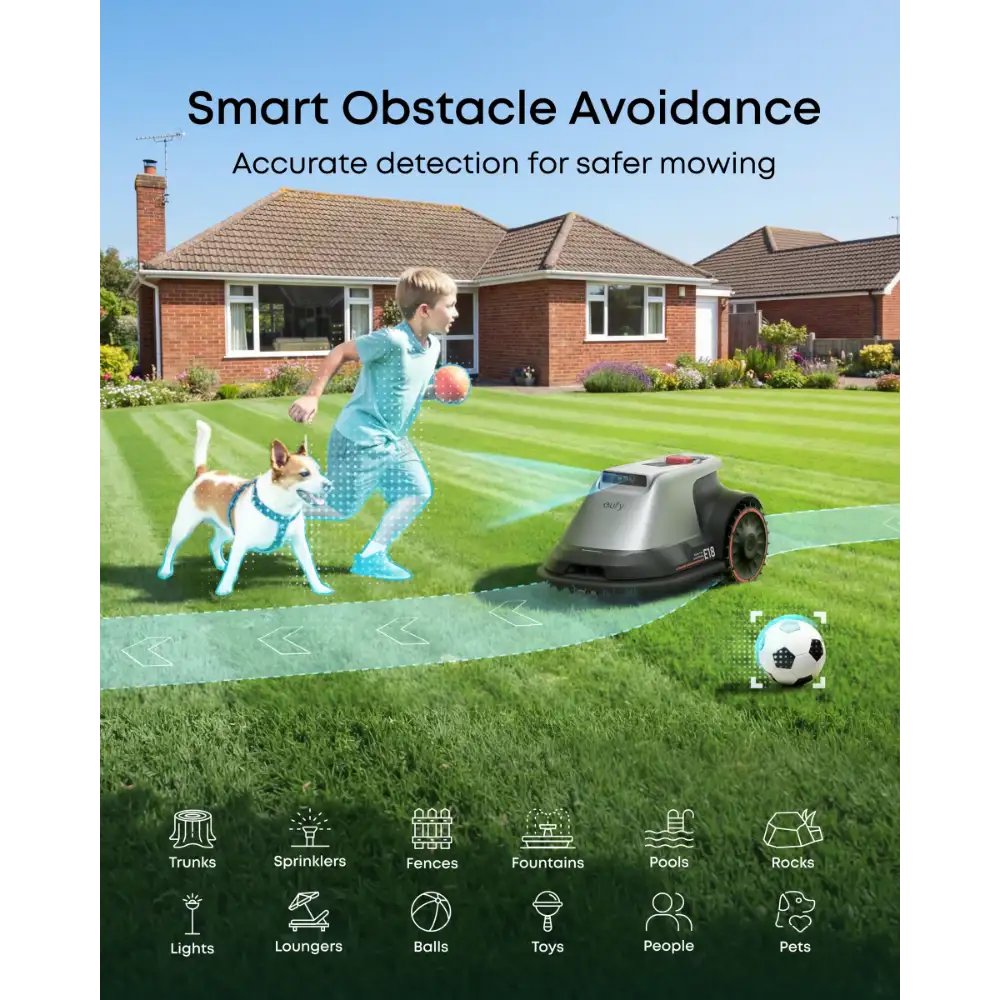 Eufy E18 robot lawn mower demonstrating smart obstacle avoidance on a striped green lawn with a child, dog, and soccer ball, showing detection capabilities for trunks, sprinklers, fences, fountains, pools, rocks, lights, loungers, balls, toys, people and pets in front of brick suburban homes
