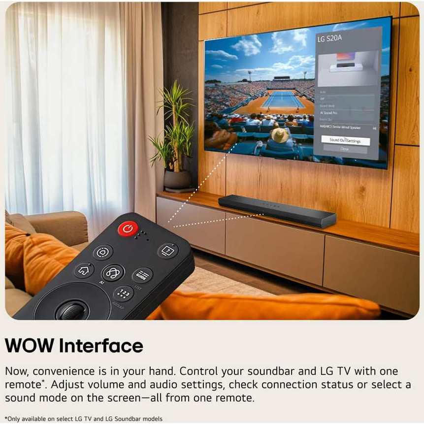 LG S20A soundbar with WOW Interface remote control displayed in modern living room with wooden wall paneling, showing TV integration features and one-touch control capabilities