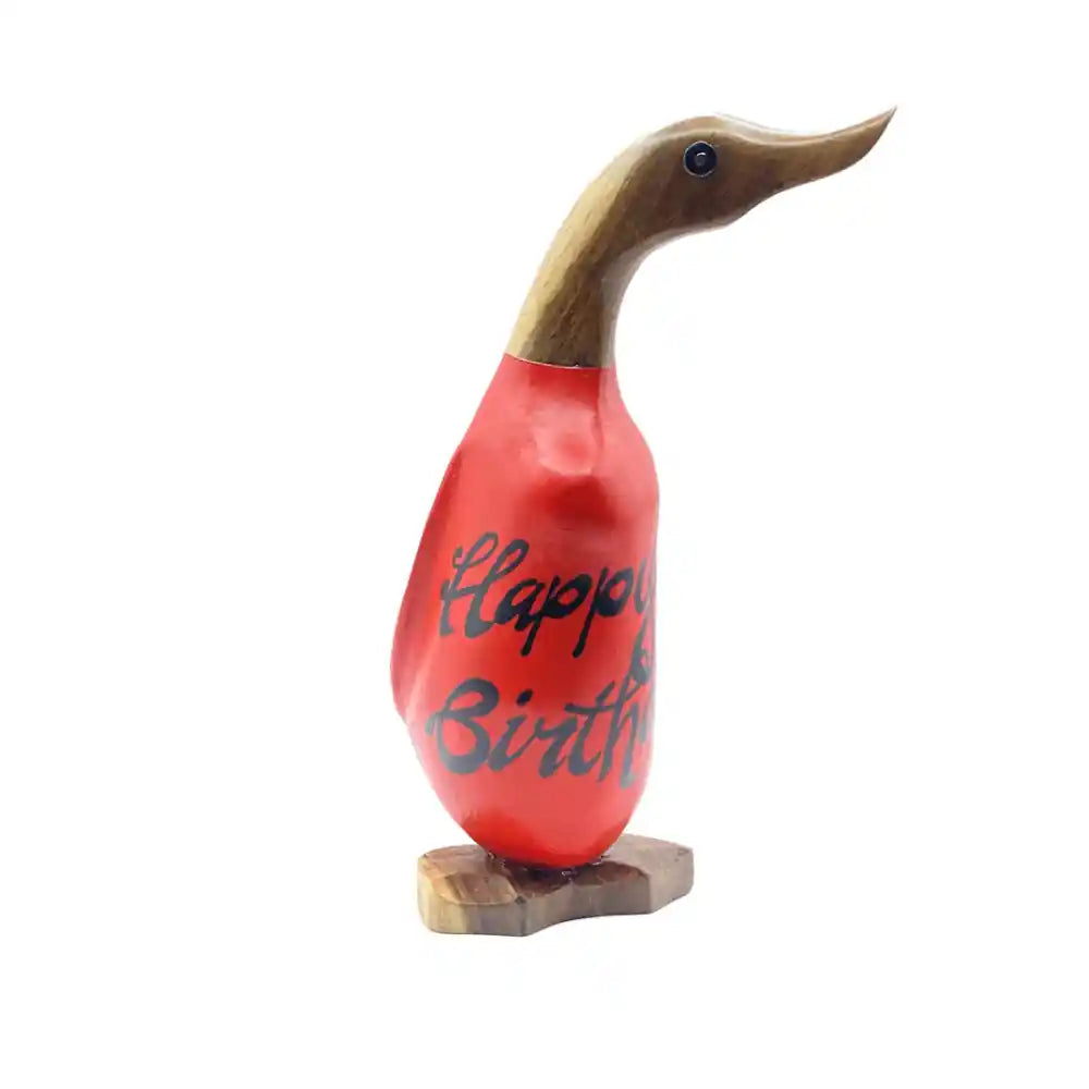 Wooden duck figurine with carved wooden head and neck, red painted body with Happy Birthday text, dark bead eye, and wooden base