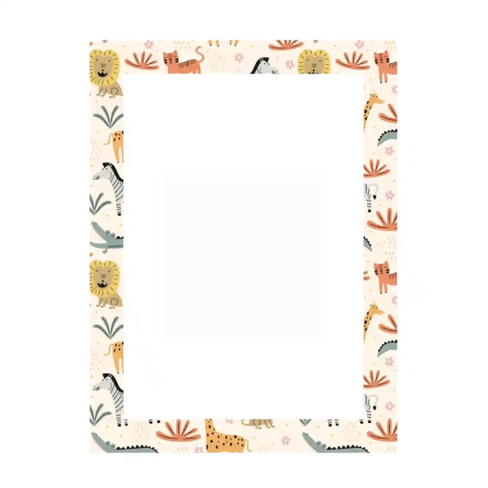 Decorative A4 frame with cream background featuring a repeating safari animal border pattern including lions, zebras, giraffes, crocodiles and cats in warm earth tones of yellow, orange, rust and green with small pink flowers, wooden MDF construction with white central space for artwork