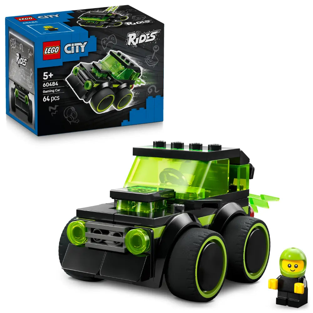 LEGO City Rides Gaming Car 60484 set showing lime green and black racing vehicle with large wheels alongside product box and minifigure driver