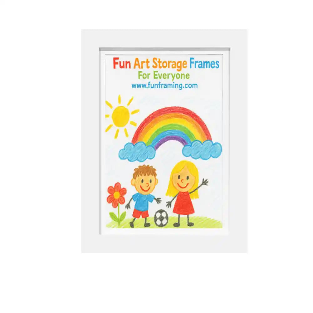 White MDF art frame displaying colorful children's artwork featuring a rainbow, sun, clouds, flower, and two smiling cartoon children with text reading Fun Art Storage Frames For Everyone and www.funframing.com