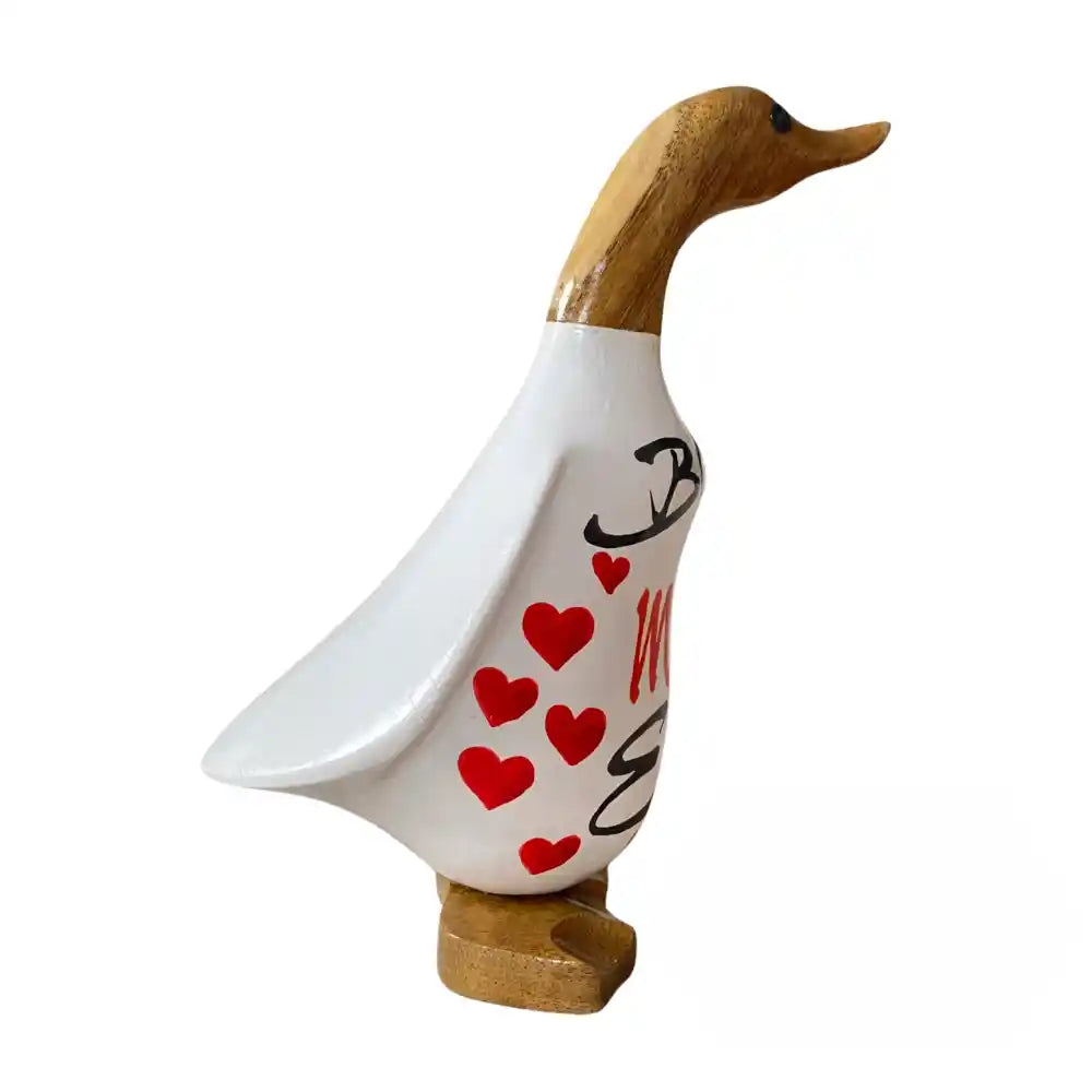 Wooden decorative duck figurine with white ceramic body featuring red hearts and "Best Mom Ever" text, natural wood head and base, standing upright against white background
