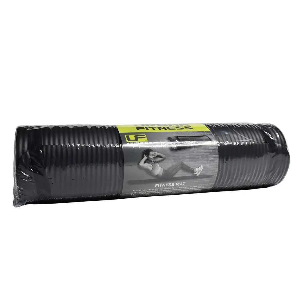 Rolled black 10mm NBR foam fitness mat in plastic packaging with yellow and grey product label showing exercise demonstration and fitness mat text