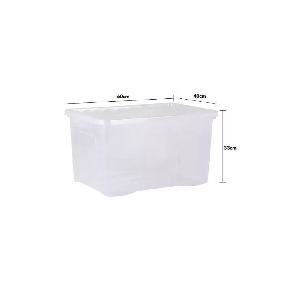 Clear plastic storage box with dimensions 60cm x 40cm x 33cm height, transparent rectangular container with handles and fitted lid for organizing household items
