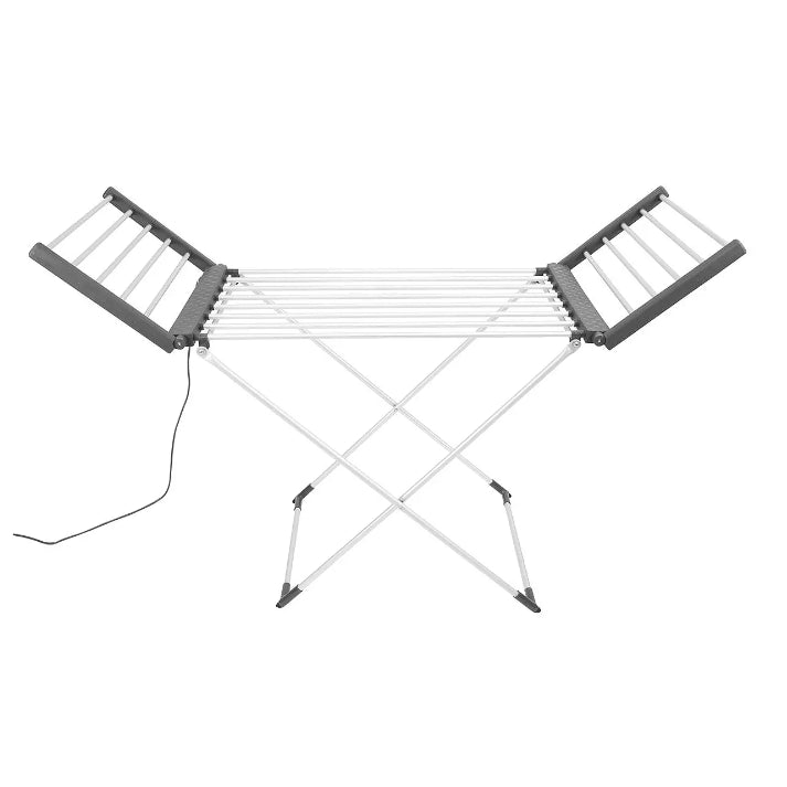 Black & Decker heated winged clothes airer with gray metal frame, white drying rails, and dark gray wing sections shown from above against white background