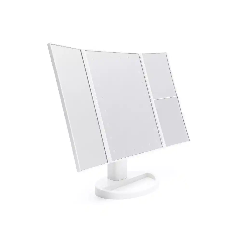 White Rio 24 LED touch dimmable cosmetic vanity mirror with tri-fold design and white pedestal base, featuring adjustable panels for angled viewing