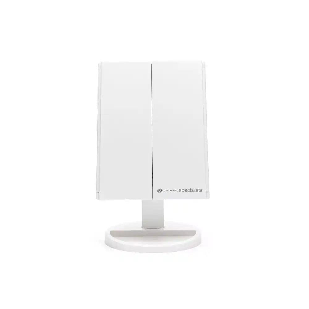 White LED touch dimmable cosmetic vanity mirror with dual folding panels and round base by The Beauty Specialists