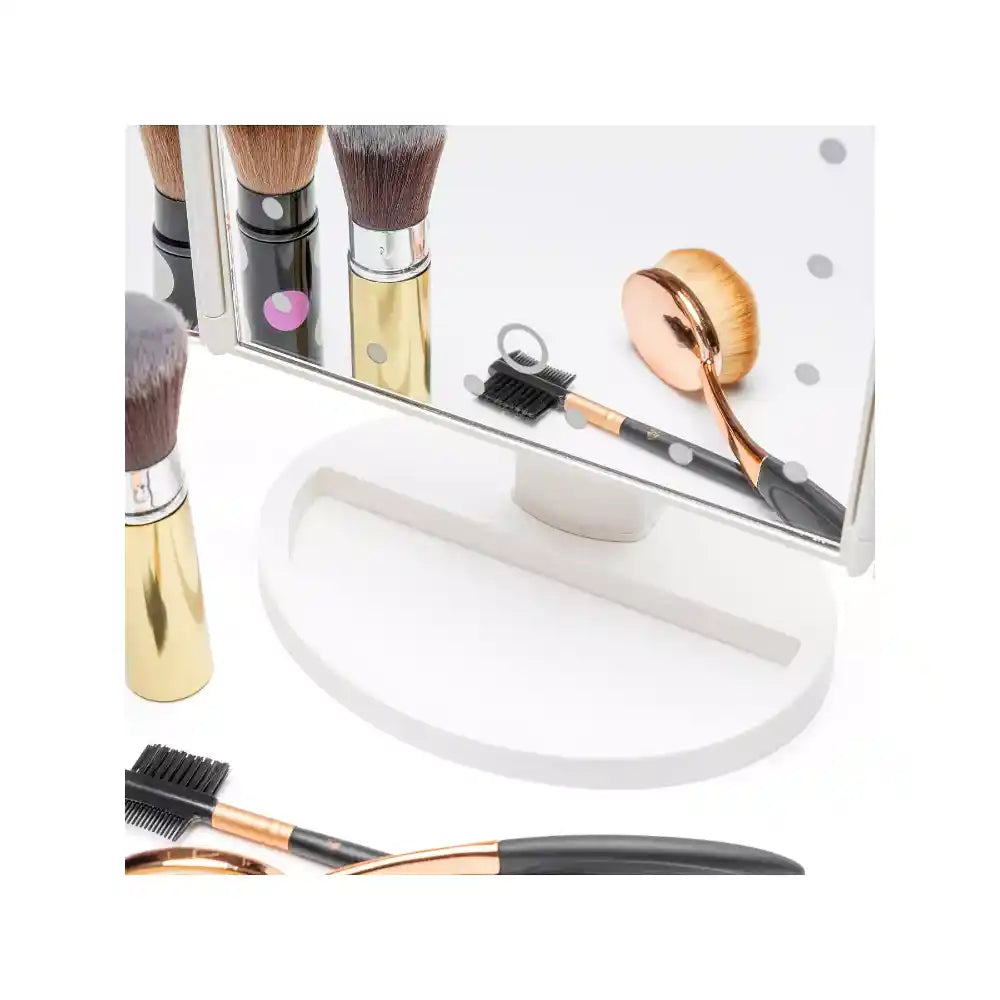 Rio 24 LED Touch Dimmable Cosmetic Vanity Folding Mirror in white with makeup brushes, rose gold beauty tools and white storage organizer tray displayed on white surface