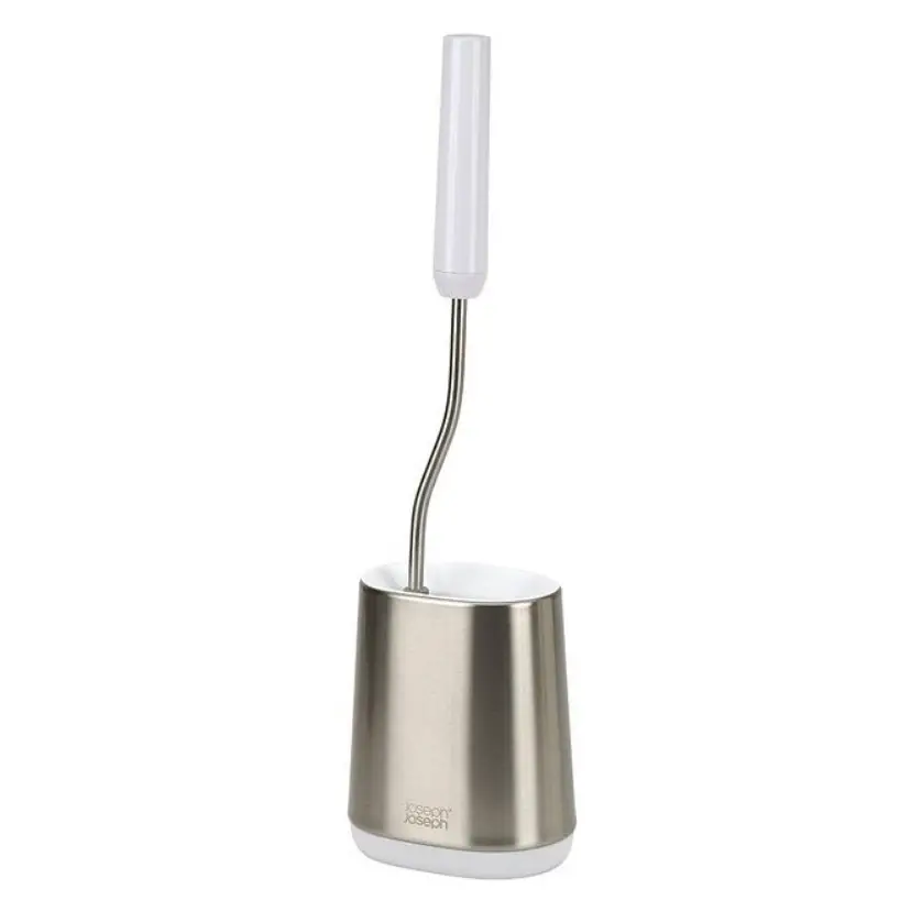 Joseph Joseph Flex Lite Steel Toilet Brush with stainless steel holder and white ceramic handle featuring curved metal brush stem