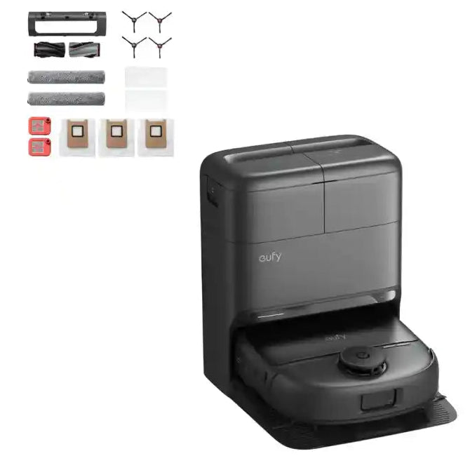 Eufy Omni C28 black robot vacuum and mop with self-emptying dock station shown alongside included accessories including brushes, filters, cleaning cloths, side brushes and dust bags