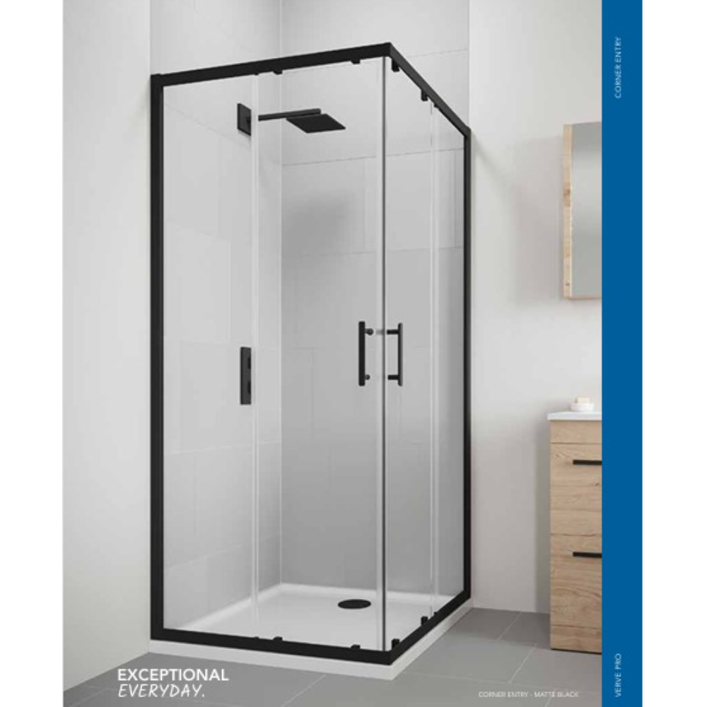 Flair Verve Pro corner entry shower enclosure with matt black frame and clear glass panels in modern bathroom setting with white tiles and wooden vanity unit