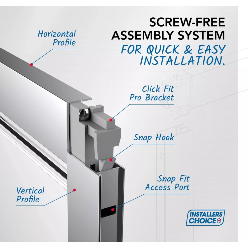 Screw-free assembly system diagram for Flair Verve Pro Pivot Shower Door showing horizontal and vertical profiles, Click Fit Pro Bracket, Snap Hook, and Snap Fit Access Port in chrome and black finish