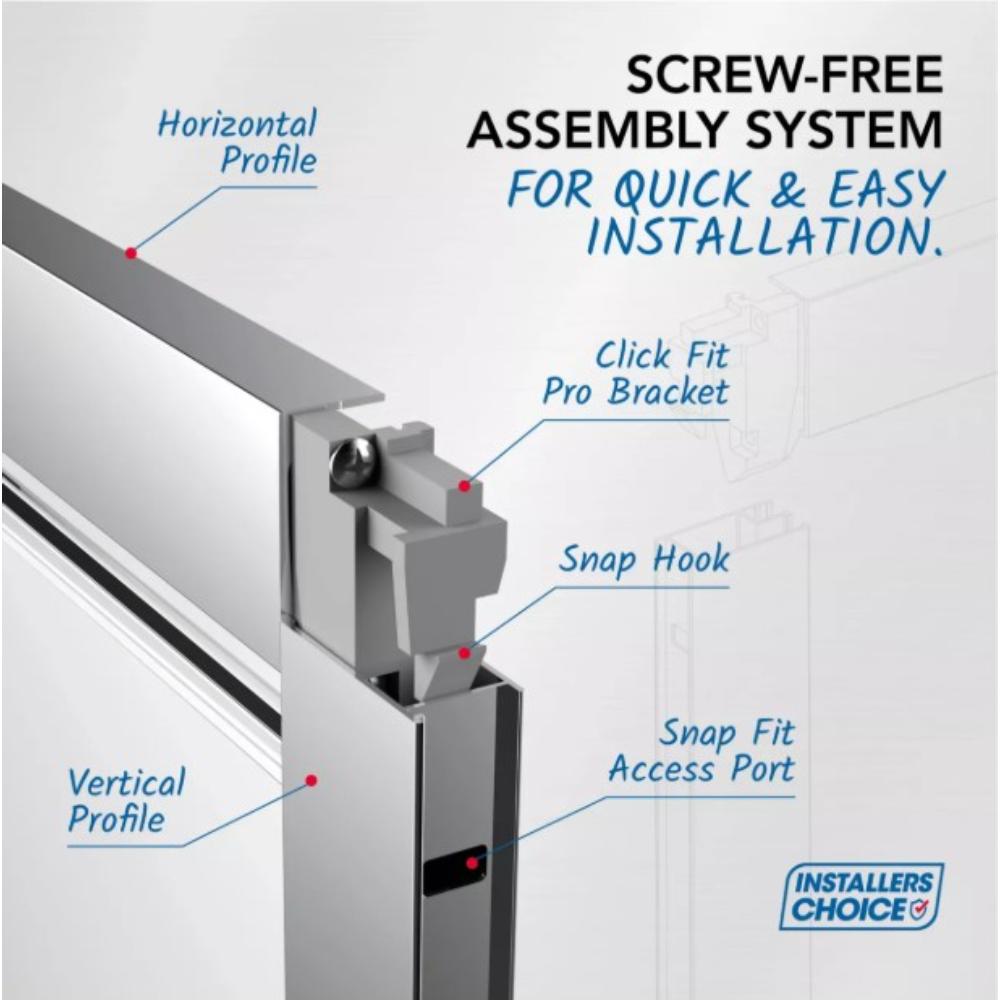Flair Verve Pro sliding shower door assembly diagram showing screw-free installation system with horizontal profile, vertical profile, click fit pro bracket, snap hook and snap fit access port in chrome and matt black finish