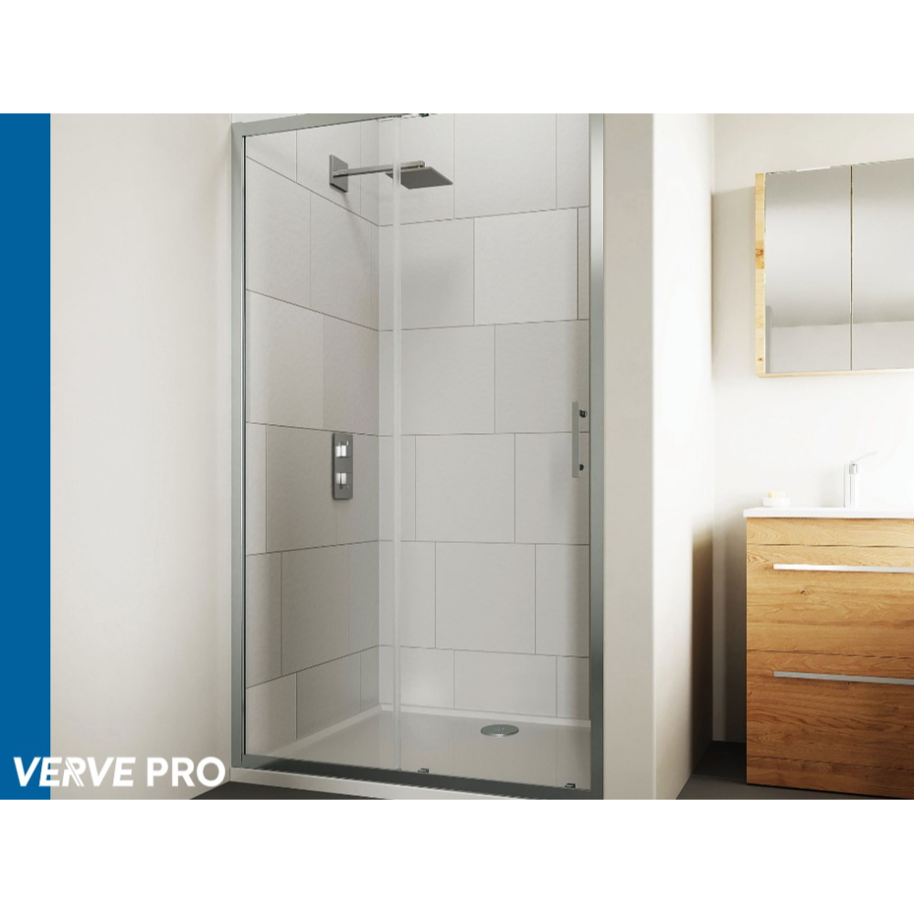 Modern chrome framed sliding shower door with clear glass panels in a contemporary bathroom, featuring white subway tile walls, chrome showerhead, wooden vanity cabinet and mirror medicine cabinet