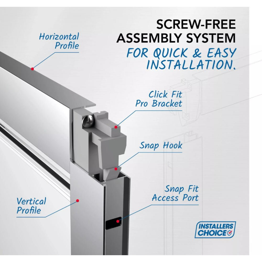 Screw-free assembly system diagram showing horizontal and vertical profiles, Click Fit Pro Bracket, Snap Hook, and Snap Fit Access Port for quick installation of Flair VERVE PRO shower enclosure in chrome and matt black finish