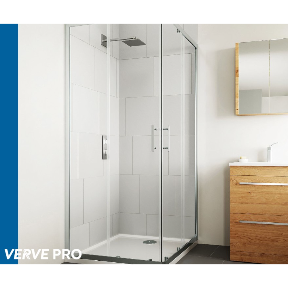 Modern corner entry shower enclosure with chrome and matt black framing, clear glass panels, white subway tile surround, rainfall showerhead, and wooden vanity unit in contemporary bathroom setting