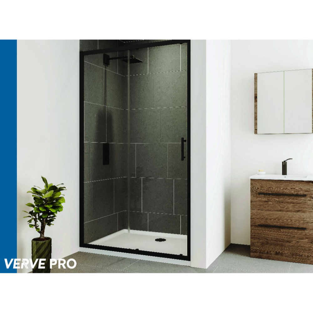 Modern frameless sliding shower door with matt black frame and clear glass panels featuring dark grey tile surround, displayed in contemporary bathroom setting with wooden vanity and white sink