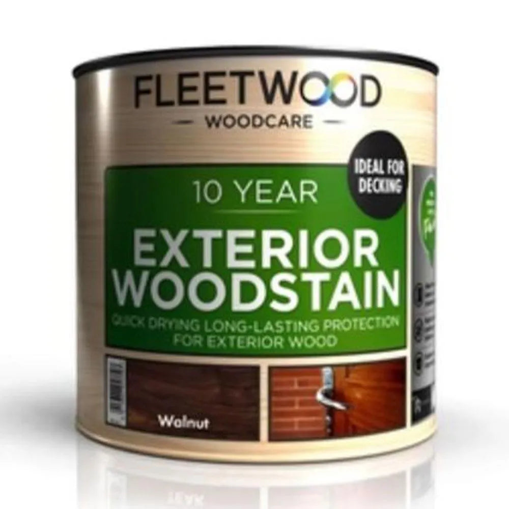 Fleetwood 10 Year Exterior Woodstain in Walnut colour, 250ml tin with green label showing product features and ideal for decking, displaying walnut and cedar wood finish samples