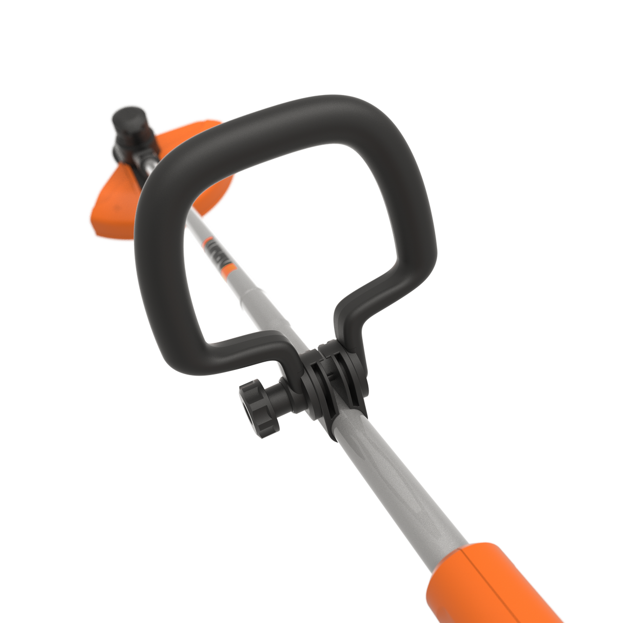 Worx WG183E cordless string trimmer with orange and black handle, gray shaft, and black trimmer head mounted on white background