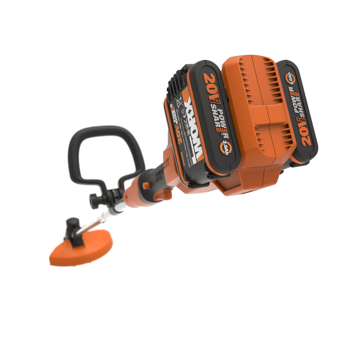 Worx WG183E cordless grass string strimmer with orange and black body, 33cm cutting width, featuring two 20V batteries and charger on white background