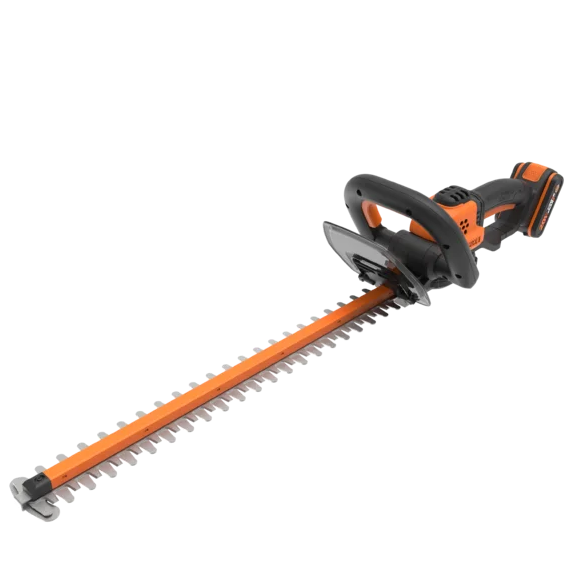 Worx WG264E 20V cordless hedge trimmer with orange and black design, 52cm cutting blade, battery and charger shown against white background