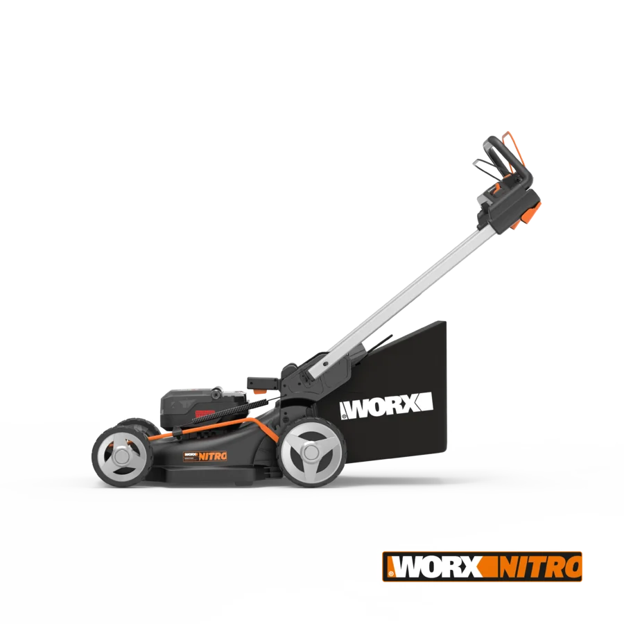 Worx Nitro 40V brushless self-propelled lawn mower with 46cm cutting deck, featuring black and orange design, silver handle, white wheels, and grass collection bag on white background
