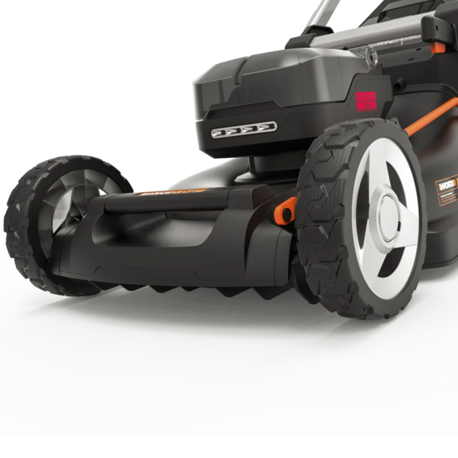 Worx 40V brushless self-propelled battery lawn mower with 46cm cutting width, featuring black and orange design, white-wall tyres, grey top-mounted battery compartment and handlebar assembly shown from side angle against white background