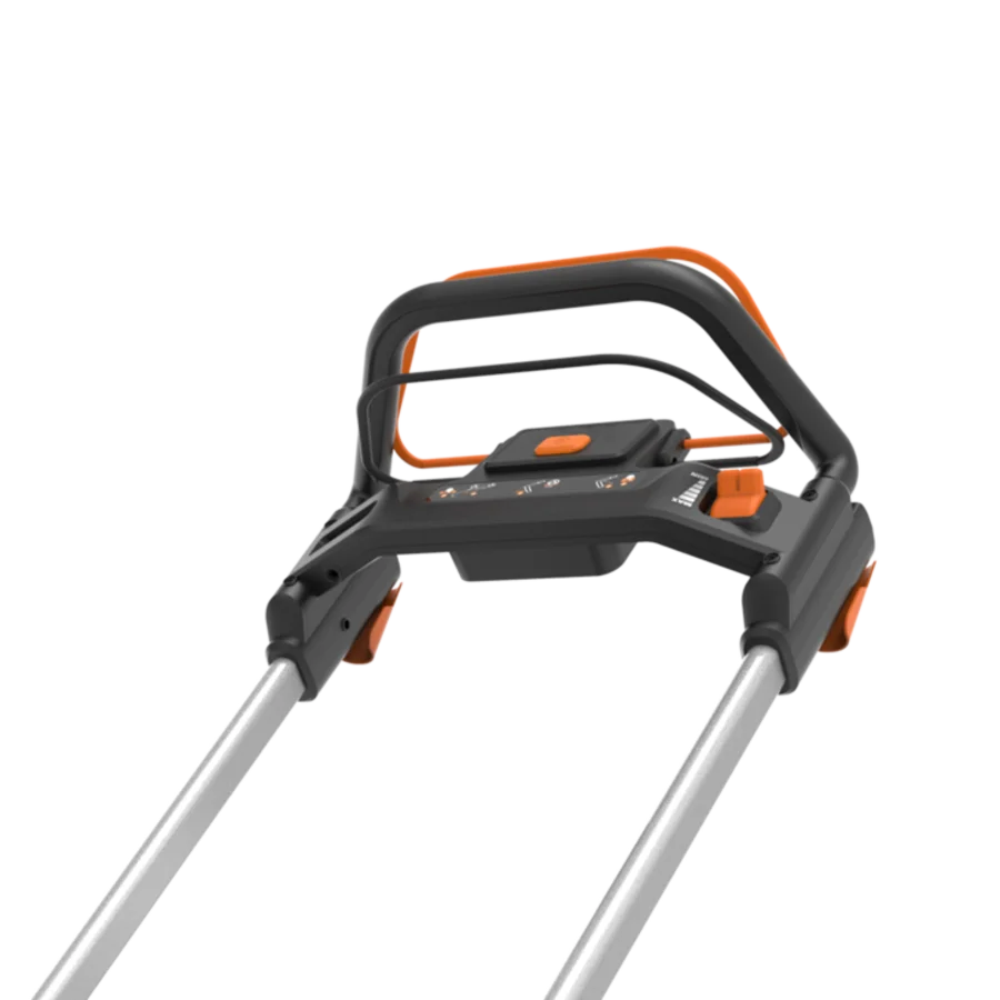 Worx 40V brushless self-propelled battery lawn mower with 46cm cutting deck, featuring black and orange handle grips, silver aluminum shaft, and control panel with orange accent button