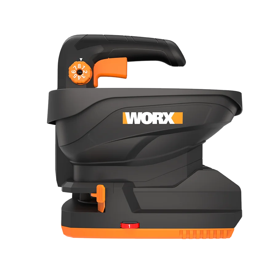 Worx PowerShare 20V cordless spreader bare tool in black and orange with hopper tank and adjustable dial control knob