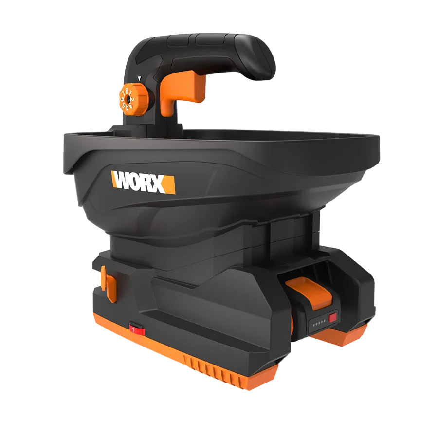 Worx PowerShare 20V cordless spreader bare tool WG869E.9 in black and orange with hopper tank and trigger handle