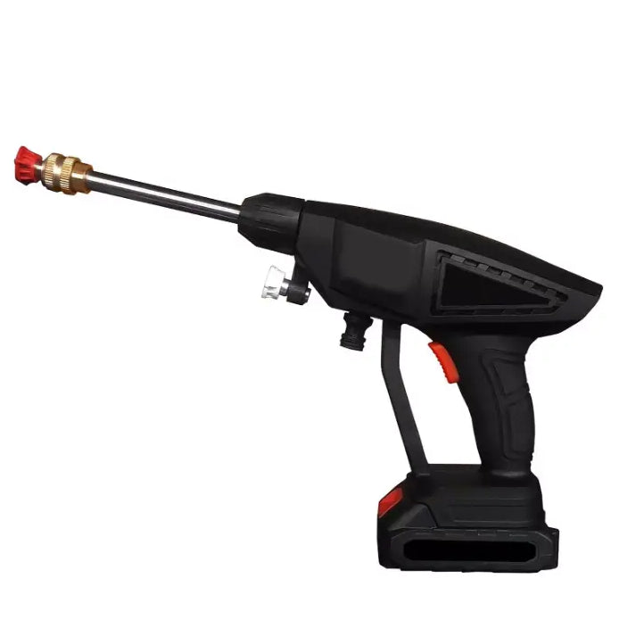 Black cordless battery-powered pressure washer with red accents, brass nozzle attachment and trigger handle, isolated on white background