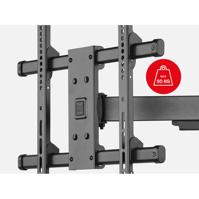 Black full motion TV wall bracket mount with dual articulating arms and adjustment holes, featuring maximum weight capacity of 50kg, suitable for 32 to 77 inch televisions