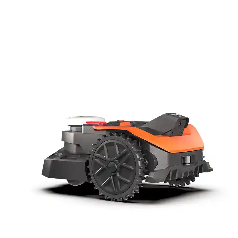 Worx Landroid Vision AI RTK robotic lawnmower in orange and black with large treaded wheels, shown from side angle against white background