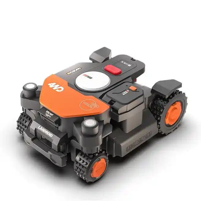 Worx Landroid Vision AI RTK robotic lawnmower with orange and black design, featuring four-wheel drive, wireless remote control, and all-terrain tread wheels for automated lawn care up to 1000m2