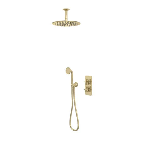 Brushed brass concealed shower system featuring overhead rainfall showerhead, hand shower with hose, and wall-mounted thermostatic valve control