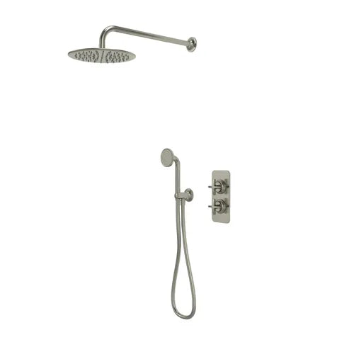 Roper Rhodes Walcot concealed shower system in brushed nickel featuring overhead rainfall showerhead with curved arm, handheld shower on flexible hose, and dual control valve mounted on wall