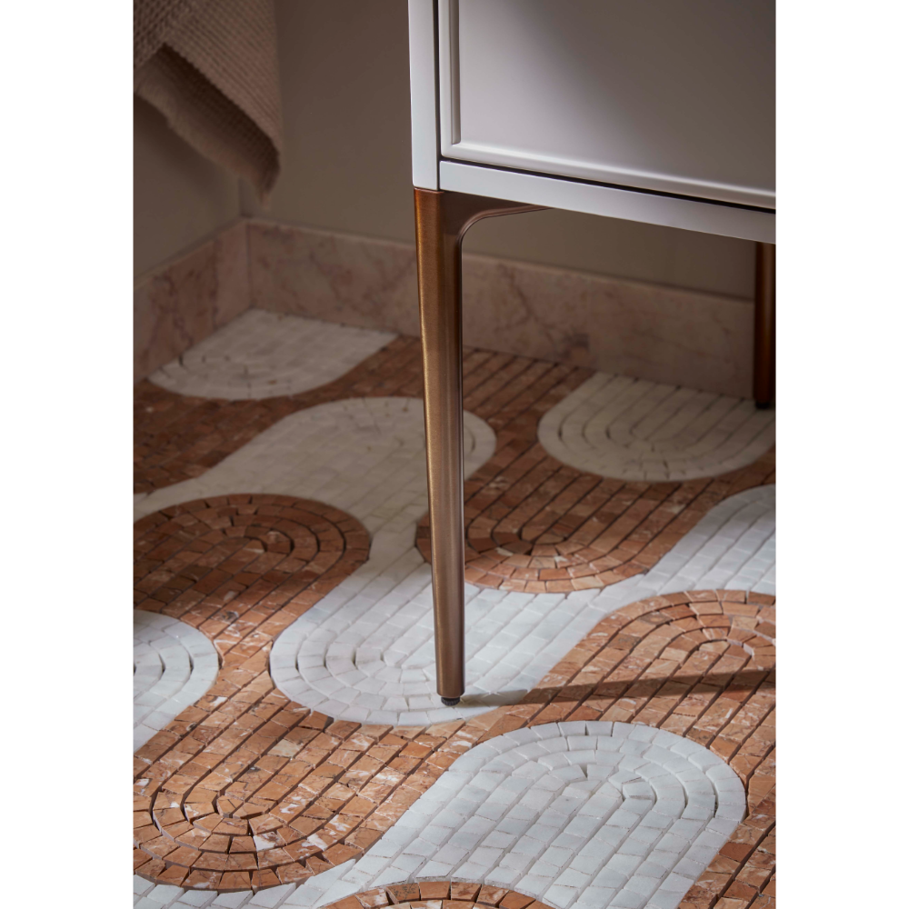 Roper Rhodes Walcot vanity unit with light oak frame reflected in mirror above decorative brick and white tile bathroom floor with curved geometric pattern