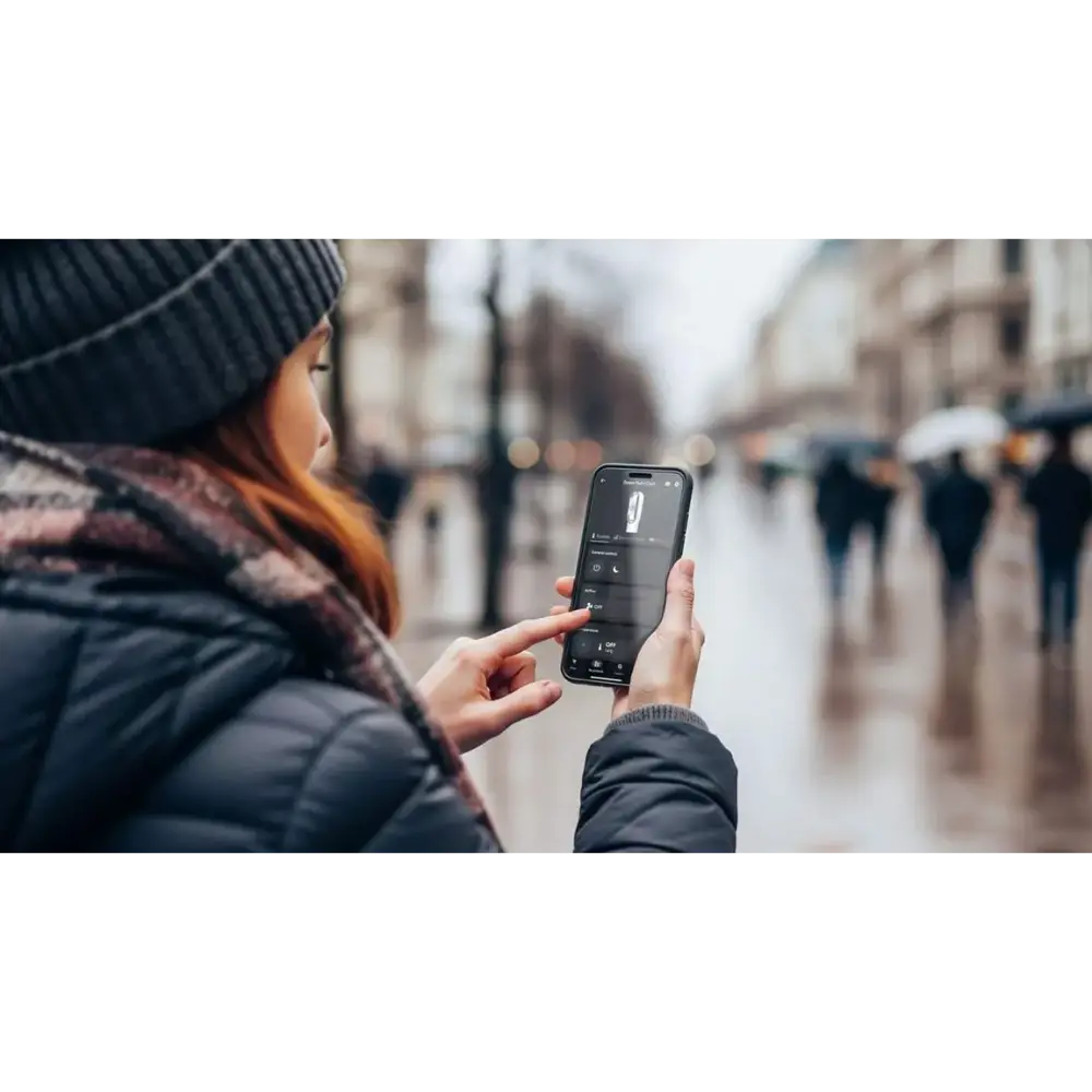 Person in winter clothing holding a smartphone displaying the Dyson Hot + Cool HF1 app interface on a blurred urban street