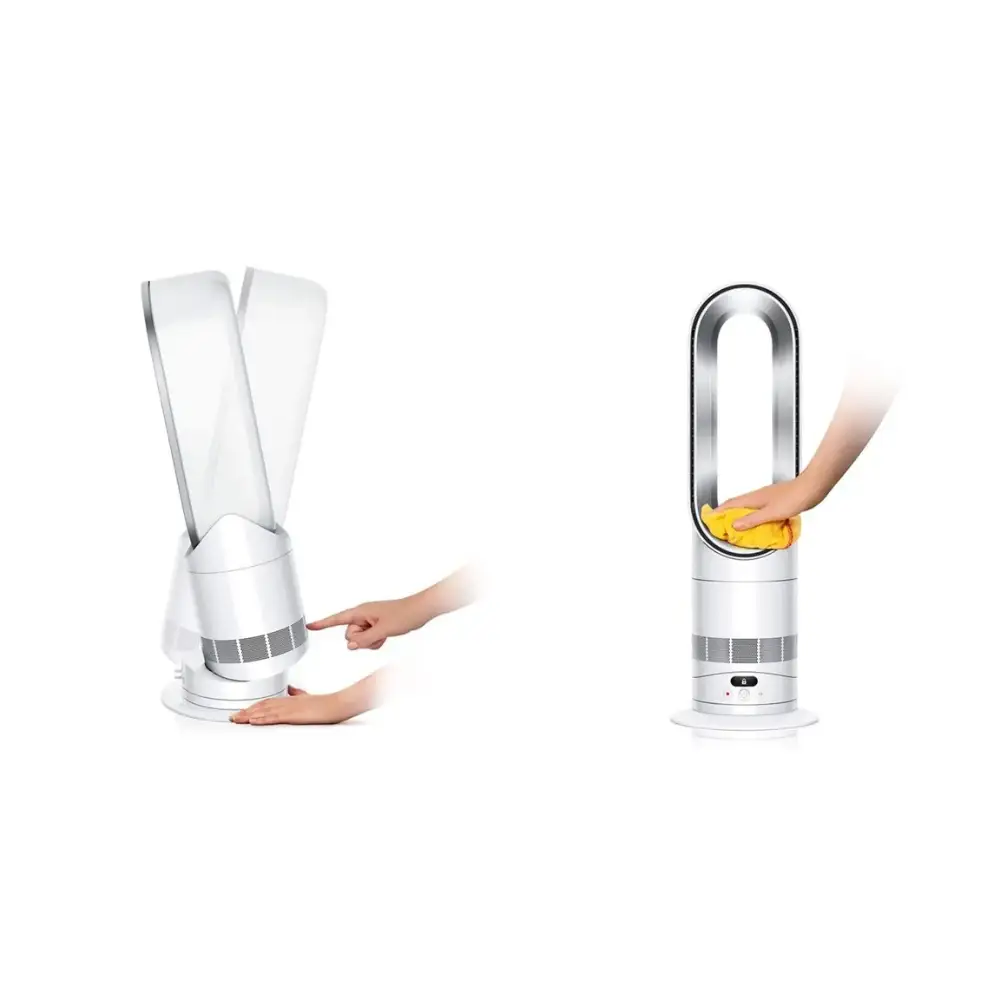 Dyson Hot + Cool HF1 white and silver heater fan with dual functionality shown in two demonstration images displaying the foldable design and water filling feature