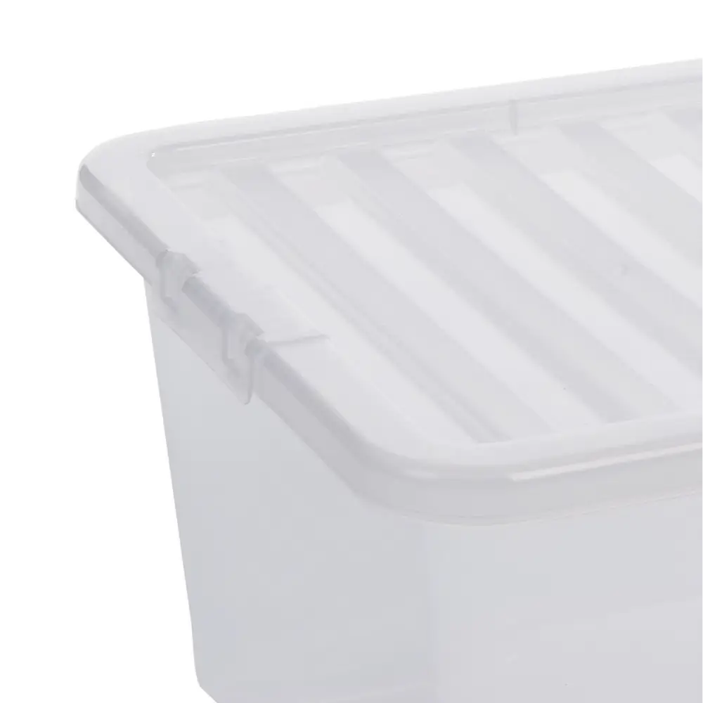 Clear plastic storage box with lid featuring divided compartments and carry handles, 45 litre capacity