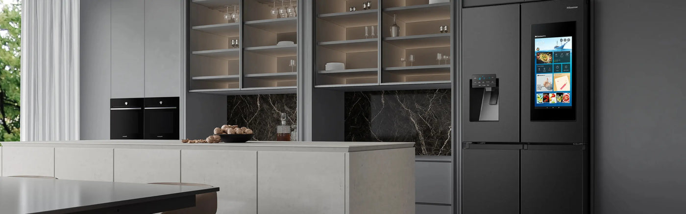 Modern Hisense kitchen with a smart refrigerator and other appliances.