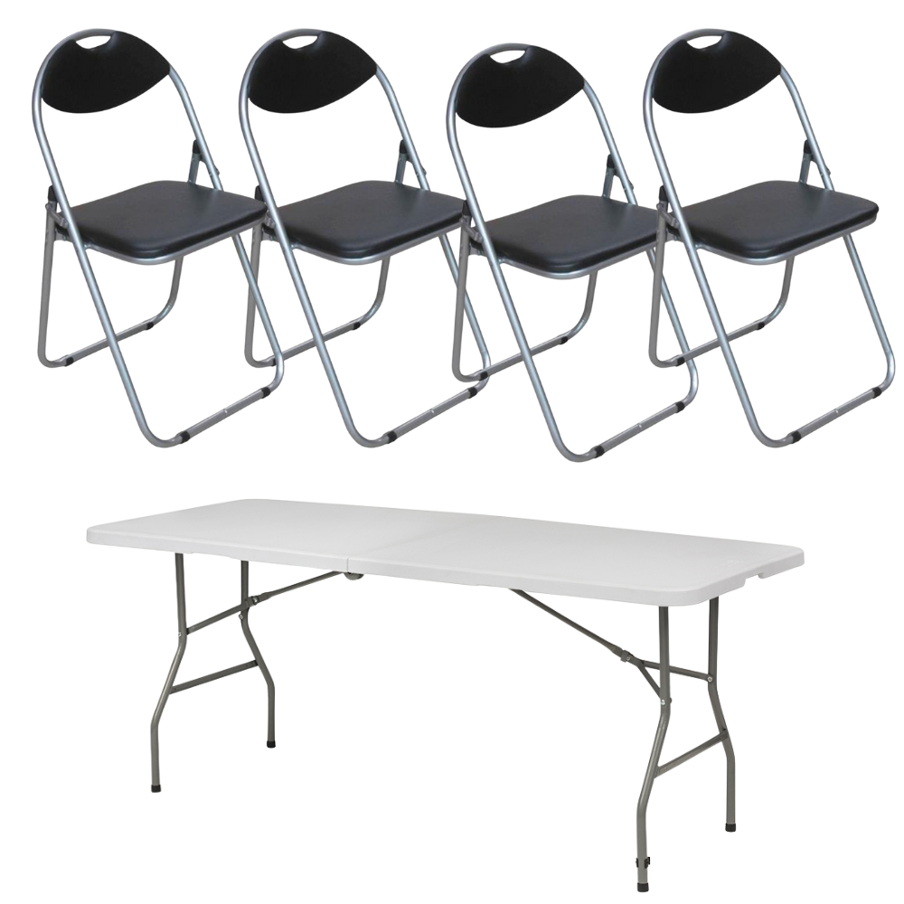 Folding Catering Table & 4 Folding Leather Chairs