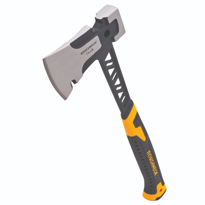 Roughneck Gorilla V-Series hatchet axe with 0.6kg head, featuring a polished steel blade, black grip handle with yellow and orange accents, and integrated claw hammer head