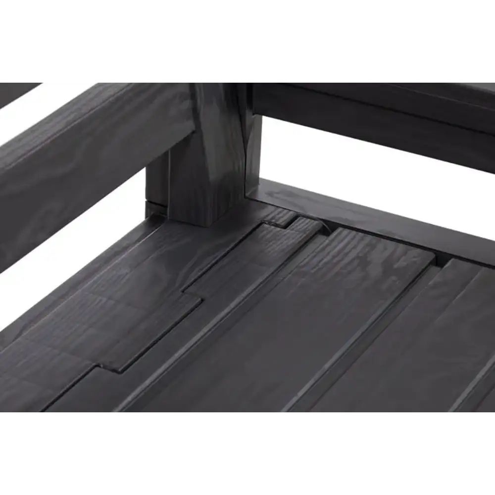 Close-up detail of anthracite grey wooden storage bench showing hinged lid mechanism and slatted seat design with integrated storage compartment