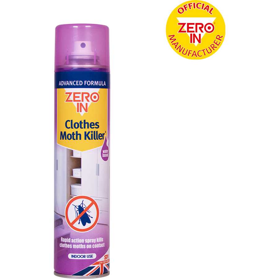 Zero In Clothes Moth Killer purple aerosol spray 300ml with yellow and blue label featuring moth warning symbol and Official Zero In Manufacturer badge