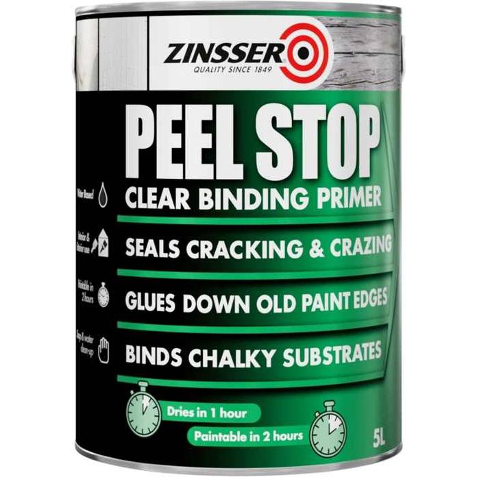 Zinsser Peel Stop Clear Binding Primer 5 litre tin with green and black label showing product benefits including sealing cracking, gluing paint edges and binding chalky substrates, with drying time indicators