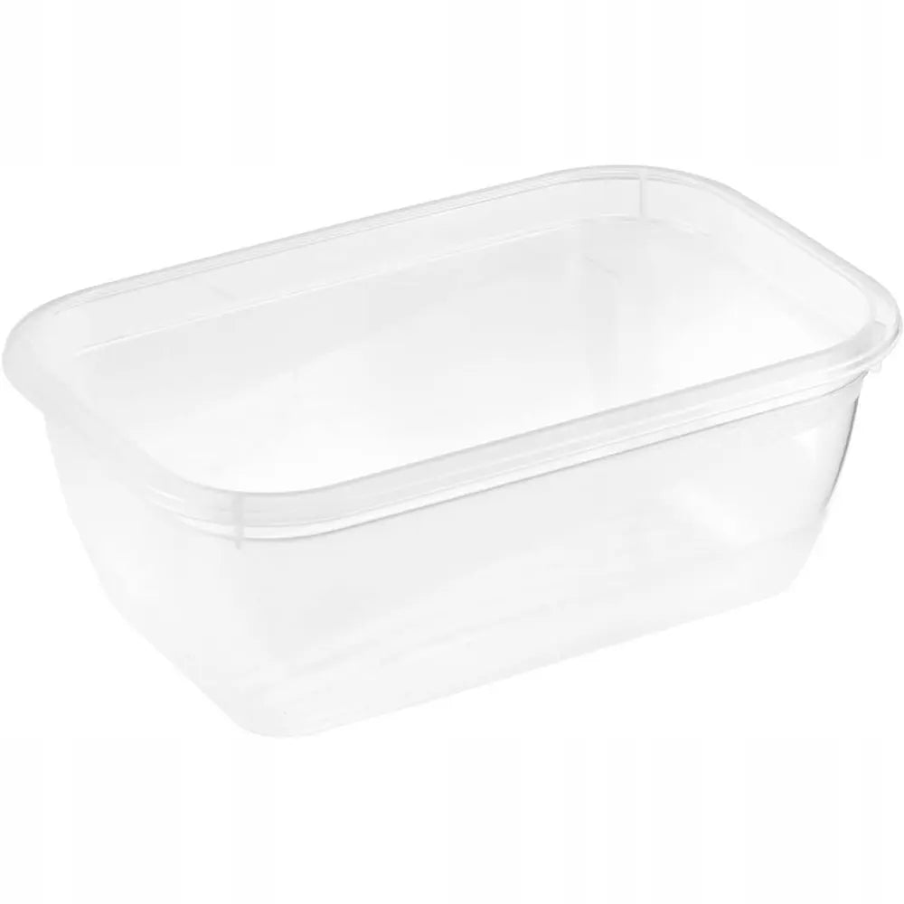 Clear plastic rectangular food storage container with rounded corners and hinged lid, 0.5 litre capacity, isolated on white background