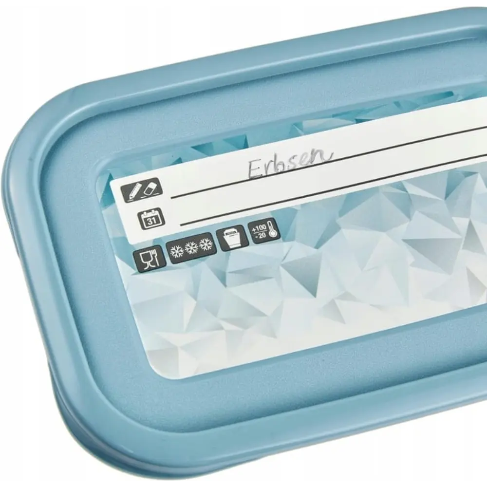 Blue plastic food storage container with white label marked "Erbsen" and freezer storage icons showing temperature -20°C and capacity markings, featuring compartmented interior design